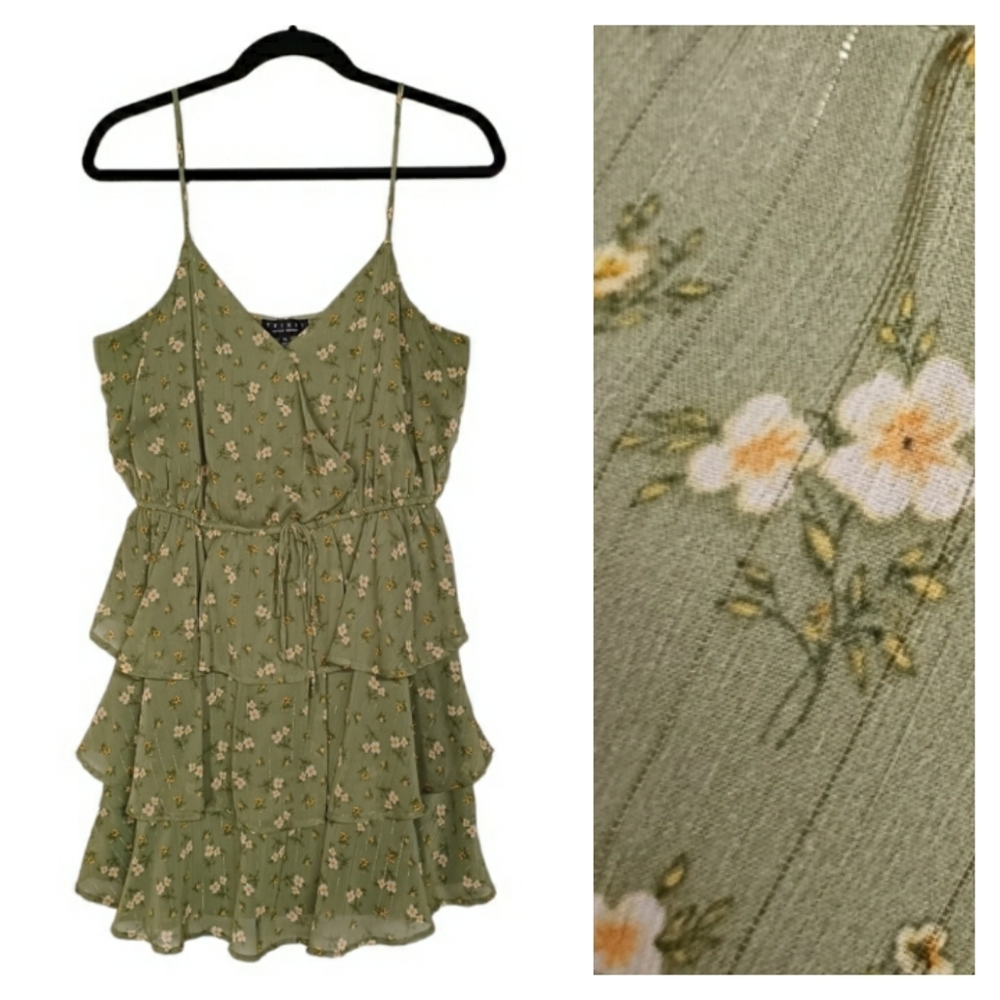 TRIXXI Metallic Ivory Floral Print Sleeveless Ruffle Green Dress X-Large